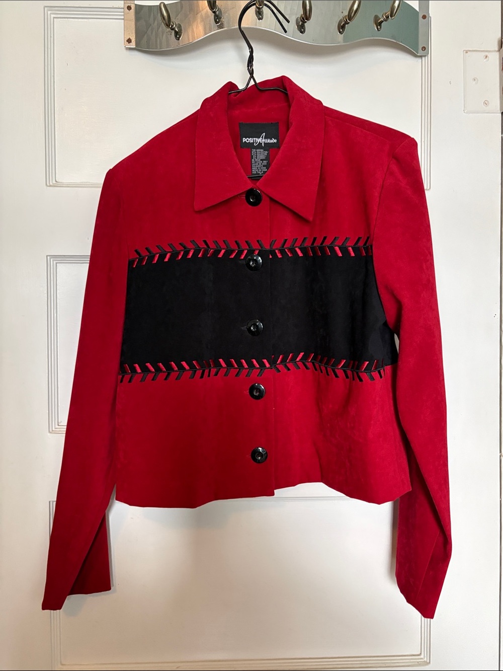 Positive Attitude Red & Black Embroidered Faux Suede Contrast Jacket Size 6